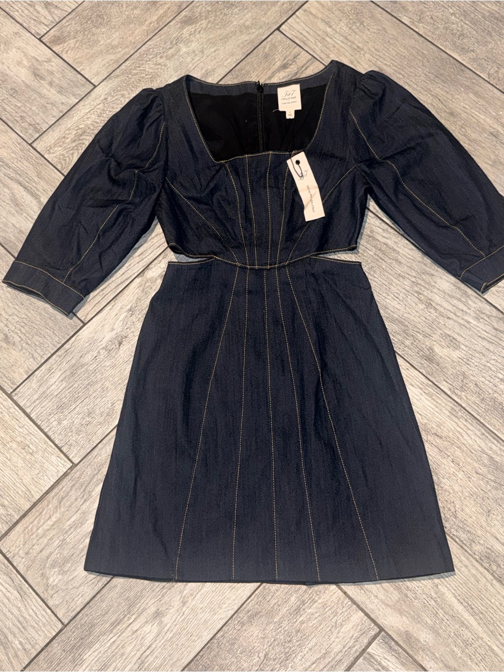 Cinq A Sept Dark Blue Denim Puff-Sleeve Dress